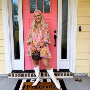 Floral Pink and Yellow Dress: Olivaceous